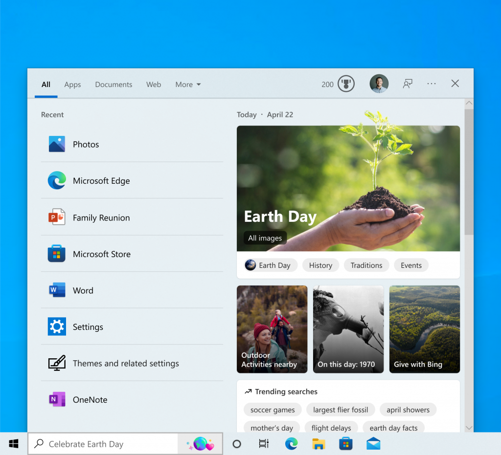 Search on the taskbar showing an experience for Earth Day.